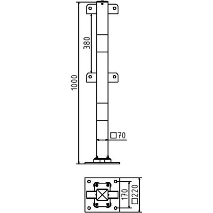 Standpfosten aus 70 x 70 mm Stahlrohr zum aufdübeln neigbar