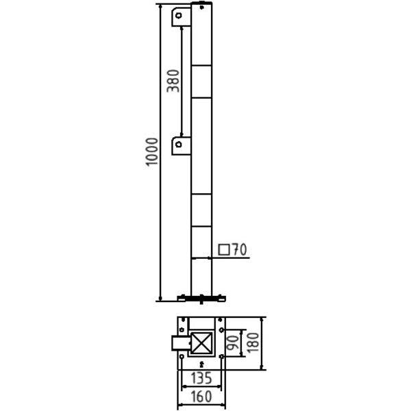 Standpfosten aus 70 x 70 mm Stahlrohr zum aufdübeln abnehmbar