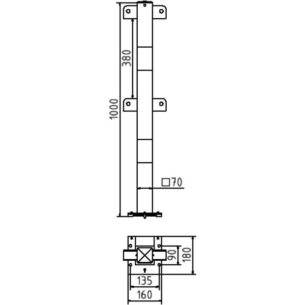 Standpfosten aus 70 x 70 mm Stahlrohr zum aufdübeln abnehmbar