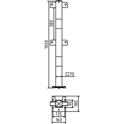 Standpfosten aus 70 x 70 mm Stahlrohr zum aufdübeln abnehmbar