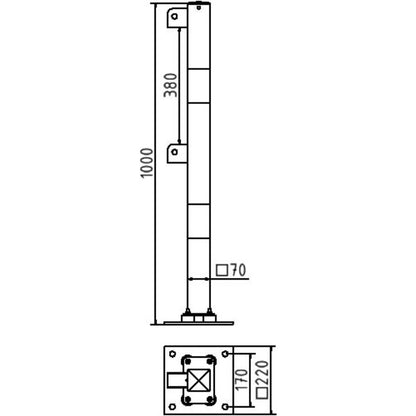 Standpfosten aus 70 x 70 mm Stahlrohr zum aufdübeln neigbar