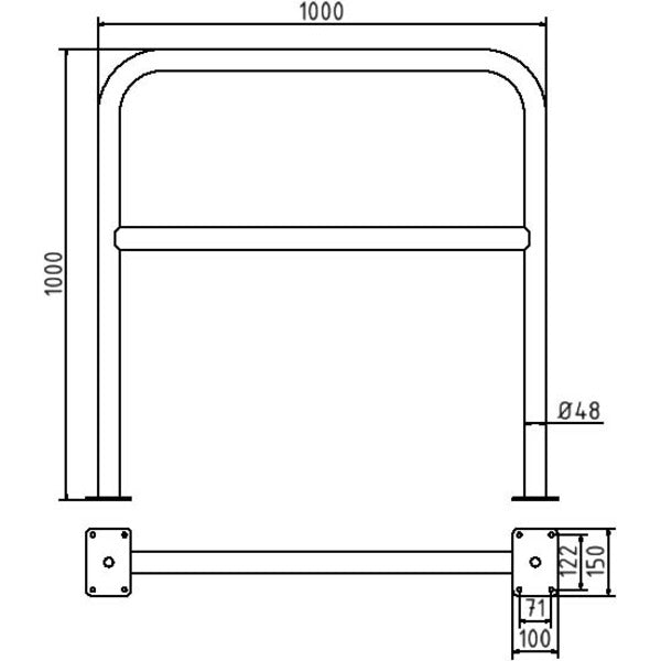 Rohrbügel aus Stahlrohr Ø 48 x 2,5 mm mit Querholm für Dübelbefestigung