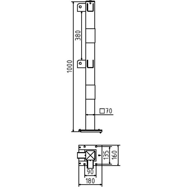 Standpfosten aus 70 x 70 mm Stahlrohr zum aufdübeln abnehmbar